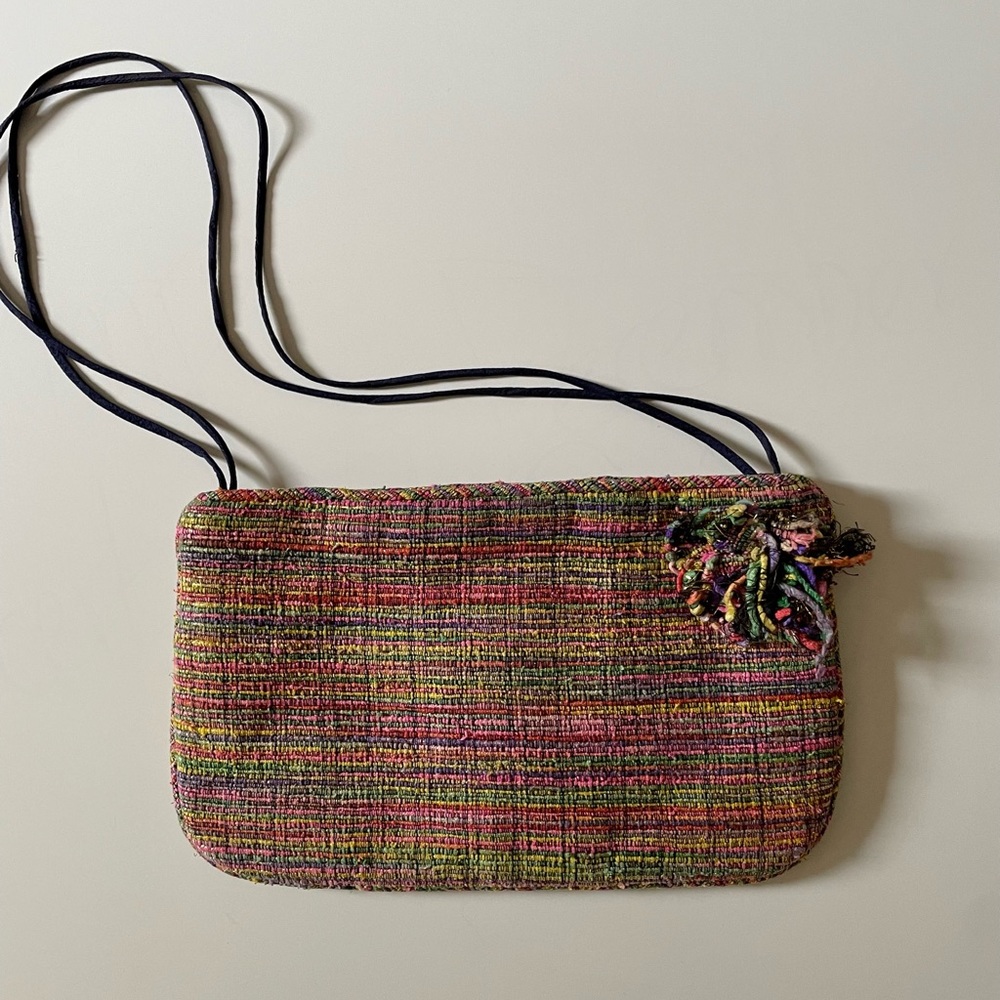 Julie Brown clutch bag with optional navy blue silk strap.